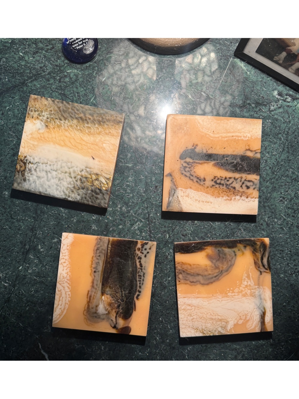 4pc west elm Square acrylic “Marbled Stone” Coaster Set Slip-Proof Beige